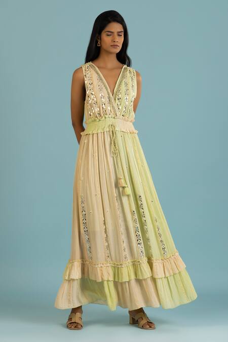Shop_Label Reyya_Green Cotton, Rayon Mirrors, Beads, Sequins V-neck Applique Work Tiered Dress _Online_at_Aza_Fashions
