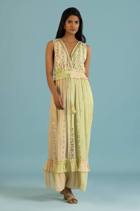 Label Reyya_Green Cotton, Rayon Mirrors, Beads, Sequins V-neck Applique Work Tiered Dress _at_Aza_Fashions