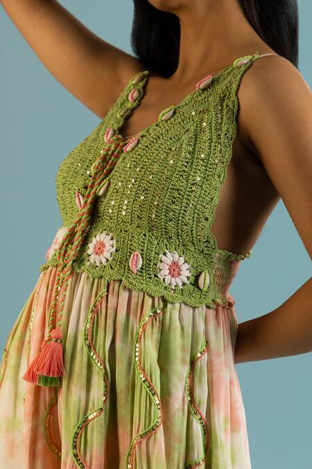 Label Reyya_Green Cotton Embroidery, Sequins V-neck Floral Crochet Dress _Online_at_Aza_Fashions