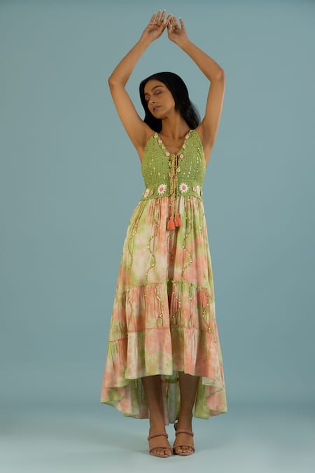Label Reyya_Green Cotton Embroidery, Sequins V-neck Floral Crochet Dress _at_Aza_Fashions