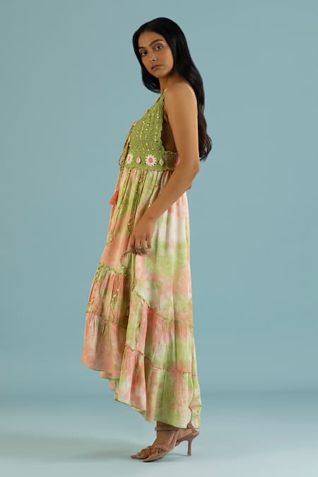 Buy_Label Reyya_Green Cotton Embroidery, Sequins V-neck Floral Crochet Dress 