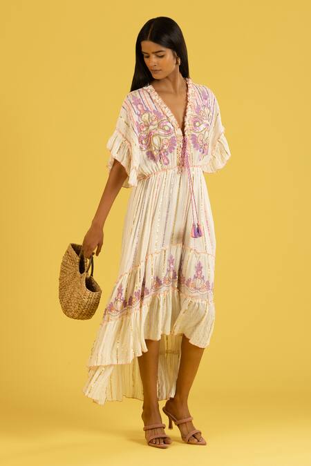 Label Reyya_Purple Cotton, Rayon Sequins, Beads, Embroidery Round Neck Floral Kaftan _Online_at_Aza_Fashions