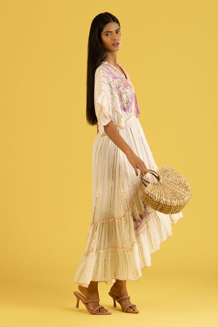 Buy_Label Reyya_Purple Cotton, Rayon Sequins, Beads, Embroidery Round Neck Floral Kaftan _Online_at_Aza_Fashions