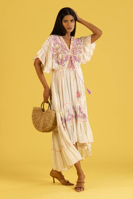 Shop_Label Reyya_Purple Cotton, Rayon Sequins, Beads, Embroidery Round Neck Floral Kaftan _Online_at_Aza_Fashions