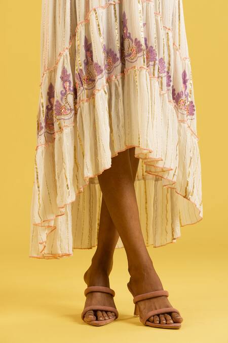 Label Reyya_Purple Cotton, Rayon Sequins, Beads, Embroidery Round Neck Floral Kaftan _at_Aza_Fashions