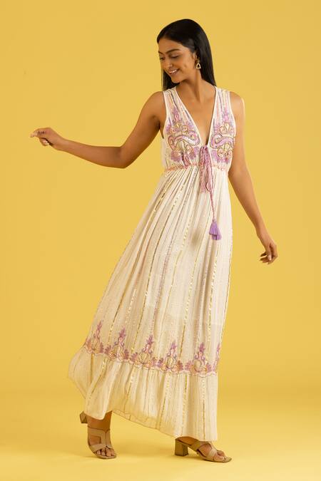 Buy_Label Reyya_Purple Cotton Rayon Embroidery Sequin Plunge V Neck Floral Dress _Online_at_Aza_Fashions