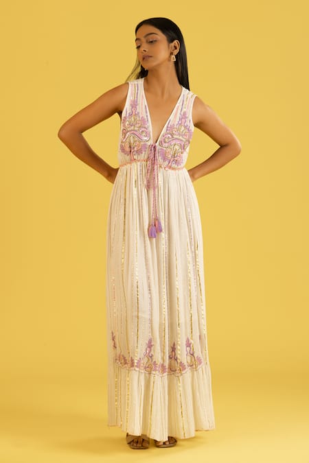 Shop_Label Reyya_Purple Cotton Rayon Embroidery Sequin Plunge V Neck Floral Dress _Online_at_Aza_Fashions