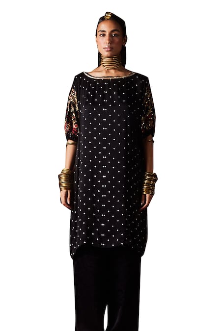 5elements Black Modal Satin Woven Bandhani Boat Neck Indrina Tunic And Draped Pant Set Online at Aza Fashions 5elements_Black Modal Satin Woven Bandhani Boat Neck Indrina Tunic And Draped Pant Set _Online_at_Aza_Fashions
