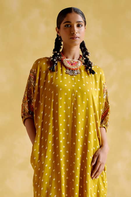 5elements Yellow Modal Satin Woven Bandhani Boat Indrina Pattern Tunic And Draped Pant Set Online at Aza Fashions 5elements_Yellow Modal Satin Woven Bandhani Boat Indrina Pattern Tunic And Draped Pant Set _Online_at_Aza_Fashions