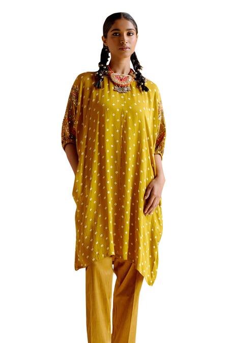 Buy 5elements Yellow Modal Satin Woven Bandhani Boat Indrina Pattern Tunic And Draped Pant Set Online at Aza Fashions Buy_5elements_Yellow Modal Satin Woven Bandhani Boat Indrina Pattern Tunic And Draped Pant Set _Online_at_Aza_Fashions