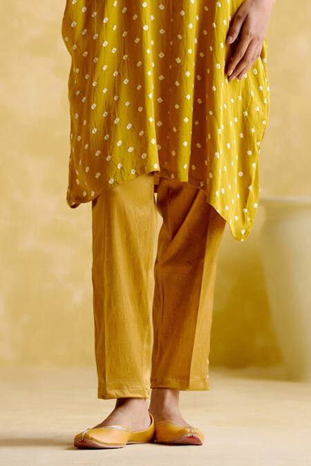 Shop 5elements Yellow Modal Satin Woven Bandhani Boat Indrina Pattern Tunic And Draped Pant Set Online at Aza Fashions Shop_5elements_Yellow Modal Satin Woven Bandhani Boat Indrina Pattern Tunic And Draped Pant Set _Online_at_Aza_Fashions