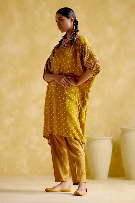 5elements Yellow Modal Satin Woven Bandhani Boat Indrina Pattern Tunic And Draped Pant Set at Aza Fashions 5elements_Yellow Modal Satin Woven Bandhani Boat Indrina Pattern Tunic And Draped Pant Set _at_Aza_Fashions