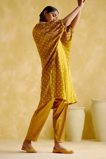 Buy 5elements Yellow Modal Satin Woven Bandhani Boat Indrina Pattern Tunic And Draped Pant Set Buy_5elements_Yellow Modal Satin Woven Bandhani Boat Indrina Pattern Tunic And Draped Pant Set