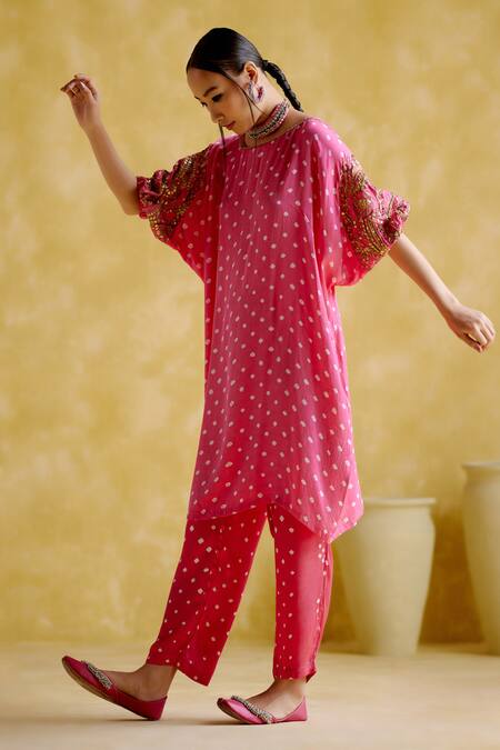 Shop 5elements Pink Modal, Satin Gota Patti, Indrina Sleeve Embroidered Tunic And Draped Pant Set Online at Aza Fashions Shop_5elements_Pink Modal, Satin Gota Patti, Indrina Sleeve Embroidered Tunic And Draped Pant Set _Online_at_Aza_Fashions