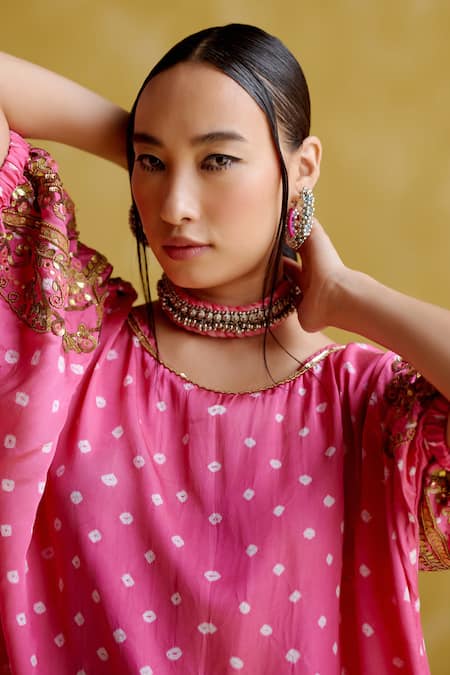 5elements Pink Modal, Satin Gota Patti, Indrina Sleeve Embroidered Tunic And Draped Pant Set at Aza Fashions 5elements_Pink Modal, Satin Gota Patti, Indrina Sleeve Embroidered Tunic And Draped Pant Set _at_Aza_Fashions