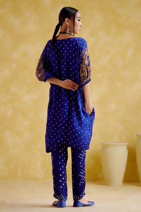 Shop 5elements Blue Modal, Satin Beads, Indrina Neckline Embroidered Tunic And Draped Pant Set at Aza Fashions Shop_5elements_Blue Modal, Satin Beads, Indrina Neckline Embroidered Tunic And Draped Pant Set _at_Aza_Fashions