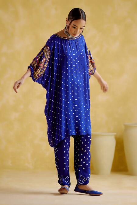 Buy 5elements Blue Modal, Satin Beads, Indrina Neckline Embroidered Tunic And Draped Pant Set Online at Aza Fashions Buy_5elements_Blue Modal, Satin Beads, Indrina Neckline Embroidered Tunic And Draped Pant Set _Online_at_Aza_Fashions