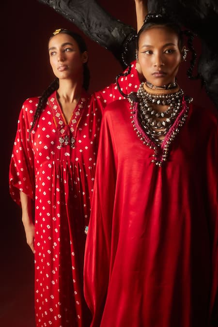5elements Red Modal Saturn Woven Bead V Bhavishya Neckline Embellished Kaftan And Pant Set Online at Aza Fashions 5elements_Red Modal Saturn Woven Bead V Bhavishya Neckline Embellished Kaftan And Pant Set _Online_at_Aza_Fashions