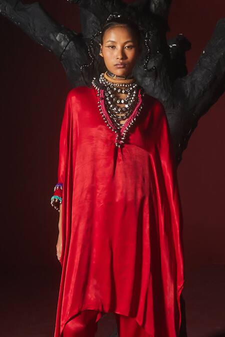 5elements Red Modal Saturn Woven Bead V Bhavishya Neckline Embellished Kaftan And Pant Set at Aza Fashions 5elements_Red Modal Saturn Woven Bead V Bhavishya Neckline Embellished Kaftan And Pant Set _at_Aza_Fashions