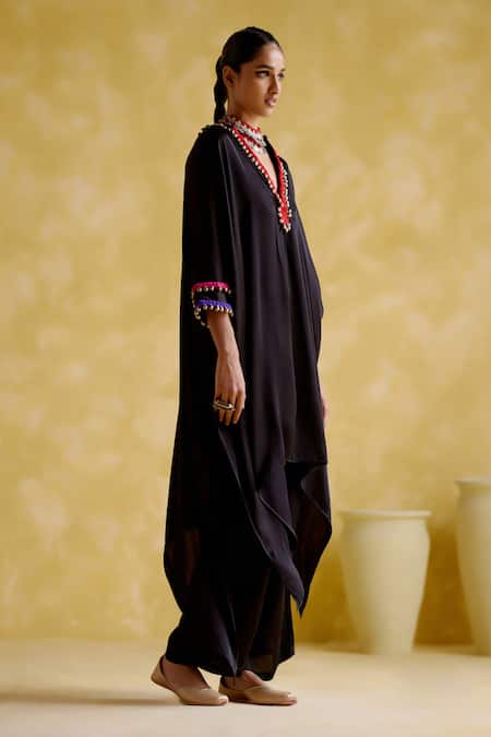5elements_Black Modal Saturn Woven Bead V Neck Bhavishya Work Kaftan And Pant Set _Online_at_Aza_Fashions