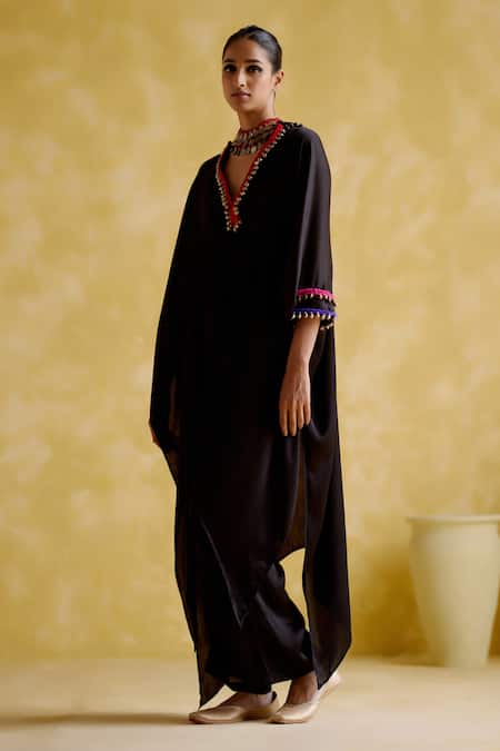 Buy_5elements_Black Modal Saturn Woven Bead V Neck Bhavishya Work Kaftan And Pant Set _Online_at_Aza_Fashions