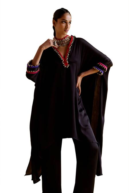 5elements_Black Modal Saturn Woven Bead V Neck Bhavishya Work Kaftan And Pant Set _at_Aza_Fashions