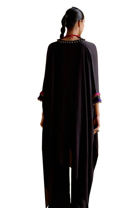 Shop_5elements_Black Modal Saturn Woven Bead V Neck Bhavishya Work Kaftan And Pant Set 