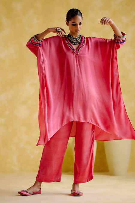 5Elements Pink Modal Saturn Woven Bead V Neck Bhavishya Thread Kaftan And Pant Set 