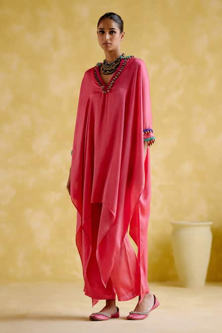 5elements Pink Modal Saturn Woven Bead V Neck Bhavishya Thread Kaftan And Pant Set Online at Aza Fashions 5elements_Pink Modal Saturn Woven Bead V Neck Bhavishya Thread Kaftan And Pant Set _Online_at_Aza_Fashions