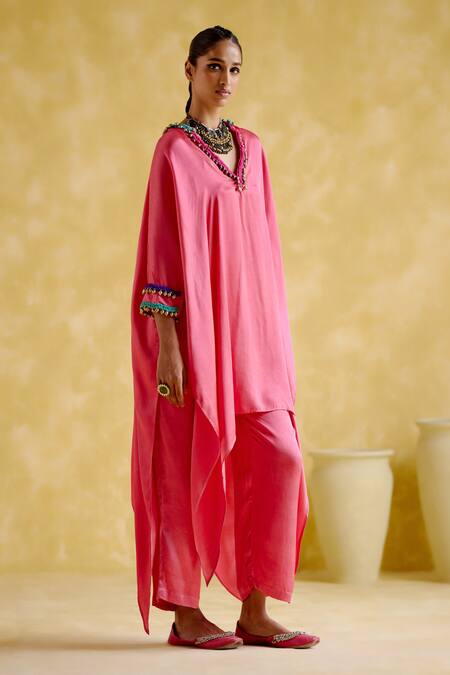 Buy 5elements Pink Modal Saturn Woven Bead V Neck Bhavishya Thread Kaftan And Pant Set Online at Aza Fashions Buy_5elements_Pink Modal Saturn Woven Bead V Neck Bhavishya Thread Kaftan And Pant Set _Online_at_Aza_Fashions