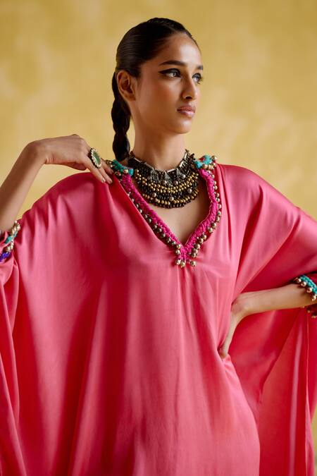 5elements Pink Modal Saturn Woven Bead V Neck Bhavishya Thread Kaftan And Pant Set at Aza Fashions 5elements_Pink Modal Saturn Woven Bead V Neck Bhavishya Thread Kaftan And Pant Set _at_Aza_Fashions