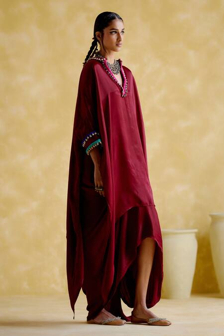 5elements Maroon Modal Saturn Woven Bead V Neck Bhavishya Thread Work Kaftan And Pant Set Online at Aza Fashions 5elements_Maroon Modal Saturn Woven Bead V Neck Bhavishya Thread Work Kaftan And Pant Set _Online_at_Aza_Fashions