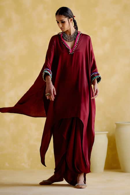 Shop 5elements Maroon Modal Saturn Woven Bead V Neck Bhavishya Thread Work Kaftan And Pant Set Online at Aza Fashions Shop_5elements_Maroon Modal Saturn Woven Bead V Neck Bhavishya Thread Work Kaftan And Pant Set _Online_at_Aza_Fashions