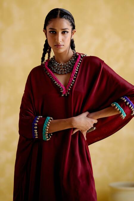 Buy 5elements Maroon Modal Saturn Woven Bead V Neck Bhavishya Thread Work Kaftan And Pant Set Buy_5elements_Maroon Modal Saturn Woven Bead V Neck Bhavishya Thread Work Kaftan And Pant Set