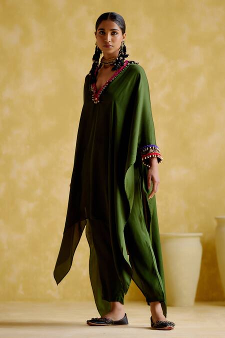 Shop 5elements Green Modal Saturn Woven Bead V Neck Bhavishya Threadwork Kaftan And Pant Set Online at Aza Fashions Shop_5elements_Green Modal Saturn Woven Bead V Neck Bhavishya Threadwork Kaftan And Pant Set _Online_at_Aza_Fashions