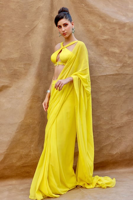 Anshika Tak Label_Yellow Georgette Beads Asymmetric Pre-draped Saree With Criss-cross Blouse _Online_at_Aza_Fashions