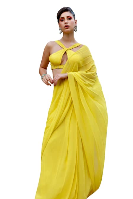 Shop_Anshika Tak Label_Yellow Georgette Beads Asymmetric Pre-draped Saree With Criss-cross Blouse _Online_at_Aza_Fashions