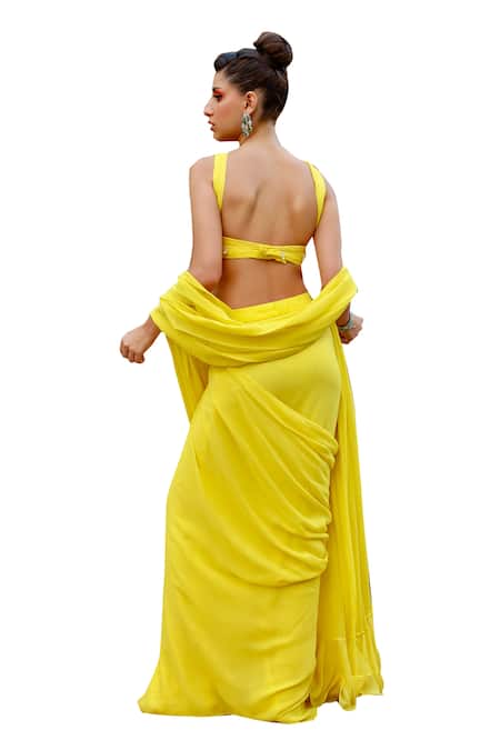 Anshika Tak Label_Yellow Georgette Beads Asymmetric Pre-draped Saree With Criss-cross Blouse _at_Aza_Fashions