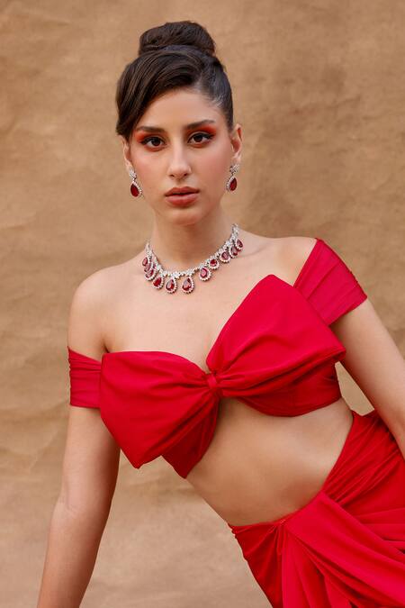 Buy_Anshika Tak Label_Red Lycra Sweetheart Neck Draped Skirt Set _Online_at_Aza_Fashions