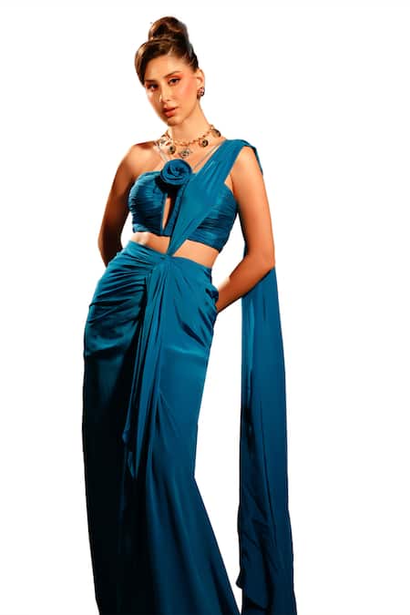 Buy_Anshika Tak Label_Blue Crepe, Linen Embroidery Sapphire Skies Pre-draped Saree With Blouse_Online_at_Aza_Fashions