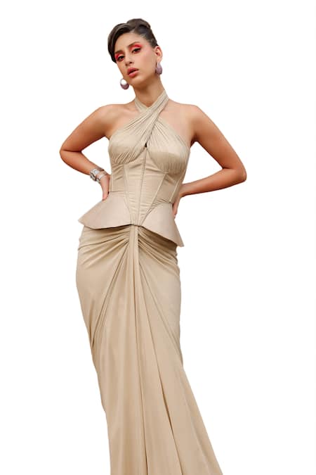 Buy_Anshika Tak Label_Beige Tussar, Georgette Halter Neck Corset Blouse And Draped Skirt Set _Online_at_Aza_Fashions