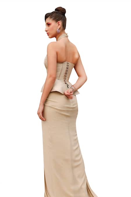 Buy_Anshika Tak Label_Beige Tussar, Georgette Halter Neck Corset Blouse And Draped Skirt Set 