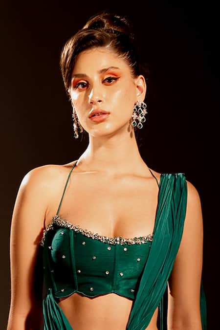 Shop_Anshika Tak Label_Green Tussar, Crepe Stones Scoop Neck Pre-draped Saree With Work Blouse _Online_at_Aza_Fashions