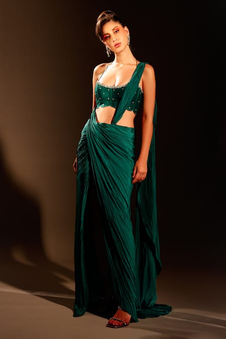 Anshika Tak Label_Green Tussar, Crepe Stones Scoop Neck Pre-draped Saree With Work Blouse _at_Aza_Fashions