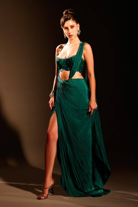 Buy_Anshika Tak Label_Green Tussar, Crepe Stones Scoop Neck Pre-draped Saree With Work Blouse 