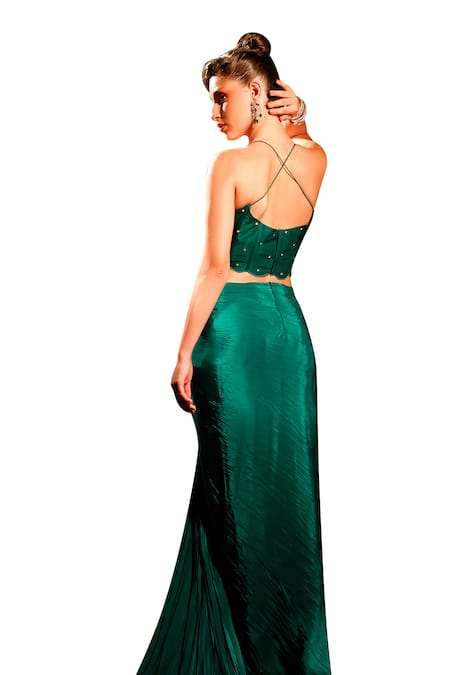 Shop_Anshika Tak Label_Green Tussar, Crepe Stones Scoop Neck Pre-draped Saree With Work Blouse 