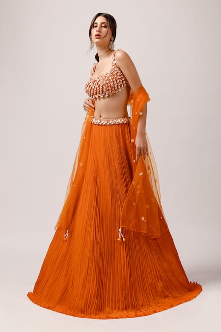 Anshika Tak Label_Orange Net, Crepe Beads, Stones, Tassels Scoop Pleated Embroidered Lehenga Set _Online_at_Aza_Fashions