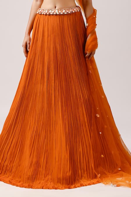 Buy_Anshika Tak Label_Orange Net, Crepe Beads, Stones, Tassels Scoop Pleated Embroidered Lehenga Set _Online_at_Aza_Fashions