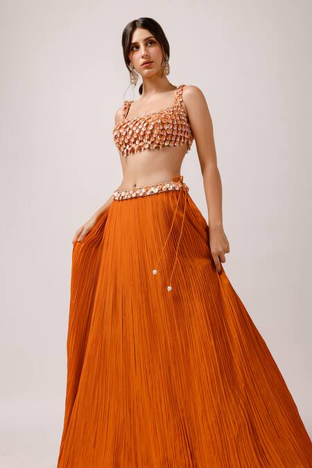 Shop_Anshika Tak Label_Orange Net, Crepe Beads, Stones, Tassels Scoop Pleated Embroidered Lehenga Set _Online_at_Aza_Fashions
