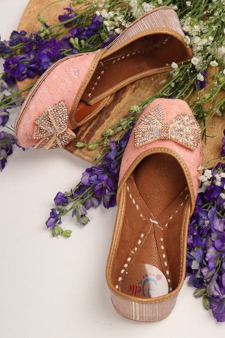 Shop_Hello JR_Peach Sassy Swarovski Embellished Juttis_at_Aza_Fashions